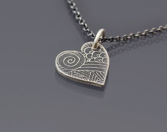 Tiny Happy Day Heart Necklace, etched sterling silver heart pendant, dainty necklace, oxidized silver heart, valentine's day gift