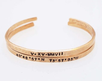 Roman Numeral Date,Latitude Longitude Bracelet,8th Anniversary Gift,Hammered Bronze Cuffs,GPS Bracelet