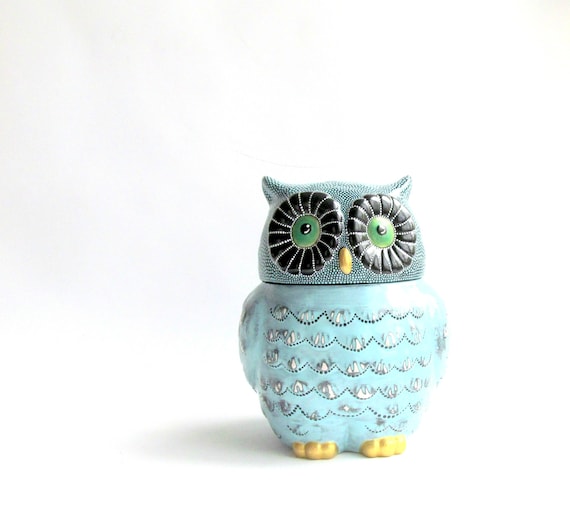 OWL Cookie Jar: Blue Owl Cookie Jar Hand Painted Cookie Jar Ceramic Jar Dot painting Owly Ceramic Cookie jar black and blue owl
