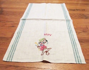 Vintage Embroidered Cat Linen Tea Towel, Hand Towel, Dish Towel