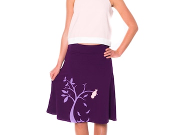 Mother's day gifts, knit cotton skirt, Graphic midi skirt, Purple Knee Length appliqué A-line Skirt- The bird and the falling leaves