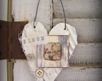Shabby White Decor Heart Ornament Vintage Floral Collage Love Ornament Cottage Style Heart Wall Hanging Antique Paper Heart Ornament