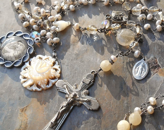 She's a LadyVintage Rosary and Pearl 3 Strand Necklace Sterling Crucifix & Medals