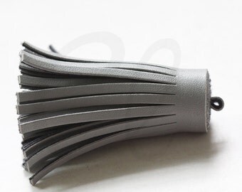One Piece of Faux Leather - Velvet Cord - Tassels - 60mm - Grey