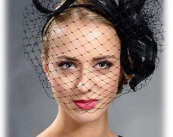 Black stunning large fascinator with face veil- Dramatic outstanding hair accessory for your special occasions
