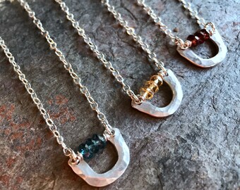 Birthstone Sterling Silver Hammered Necklace - Custom Birthstone Pendant Sterling Silver Necklace