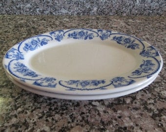 Set of 2 nice vintage white ironstone platters or plates with beautiful cobalt blue rim design- McNichol, Morris Gordon & Son, Boston