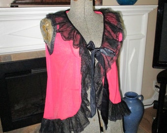 Hot Pink ruffled Babydoll Nightgown 1950's sheer slky vintage lingerie
