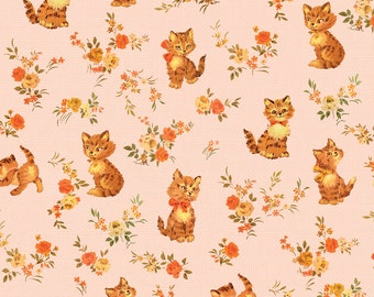Floral Cat Fabric - Kittens Pink 1a By Muhlenkott - Cat Cotton Fabric By The Yard With Spoonflower
