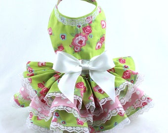 Dog Dress, Dog Harness Dress, Dog Fashion for Small Dog, Summer Dress for Dogs, Ruffle Dress, Handmade, Custom Dog Dress, Green, Rose