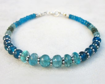 Apatite gemstone bracelet, neon blue & green multi stone bracelet, chic stacking bracelet, dainty bead bracelet with sterling silver accents