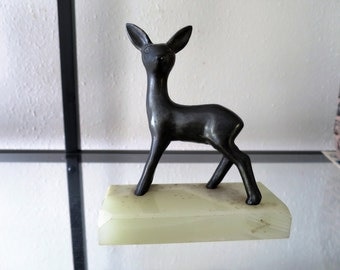 Vintage-Brass-Deer-Figurine-Marble-Base-Paper-Weight