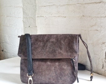 Vegan Crossbody Bag in Distressed Stone Faux Suede, Vegan Suede Bag, Foldover Crossbody Bag