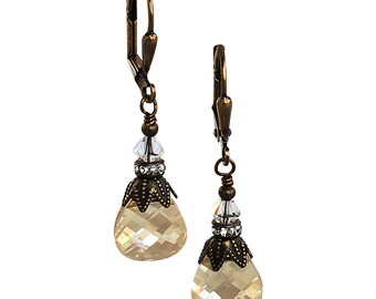 Golden Shadow Briolette Vintage Earrings with Crystal from Swarovski, Briolette Crystal Rhinestone Earrings