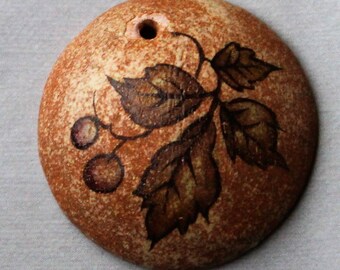 1" Rustic Matte Berries and Leaves - Domed Circle Pendant - Ceramic Focal Pendant
