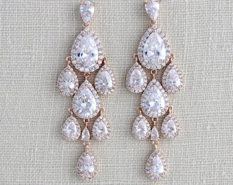 Rose Gold Chandelier earrings, Rose Gold Bridal earrings, Wedding earrings, Crystal earrings, Bridal jewelry, Long Bridal earrings