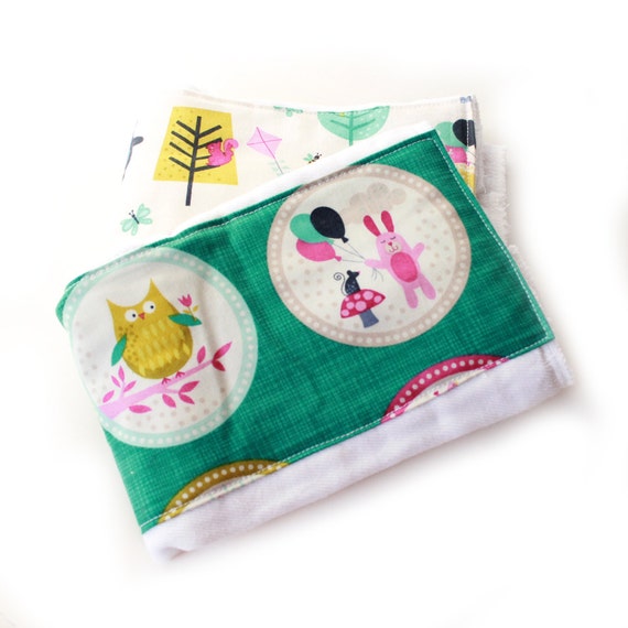 Woodland Animal Burp Cloths, Blue Pink Green Teal Coral- set of 2 Animal Girl / Baby Shower Gift