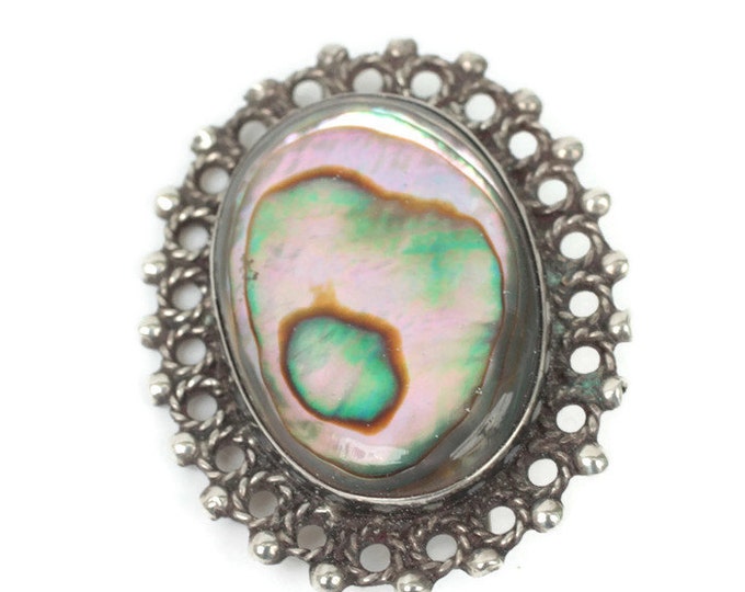 Abalone Shell and Sterling Pin Oval Fancy Setting Vintage