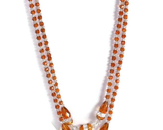 Art Deco Flapper Necklace Topaz and Clear Crystal Glass Beads Vintage