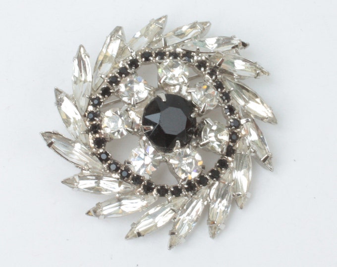 Rhinestone Pinwheel Brooch Clear and Black Stones Vintage