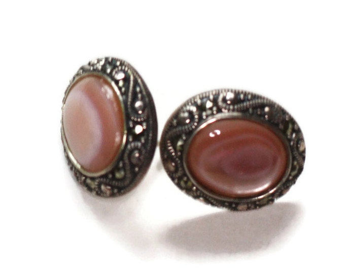 Pink MOP Shell and Marcasite Earrings Posts Sterling Vintage