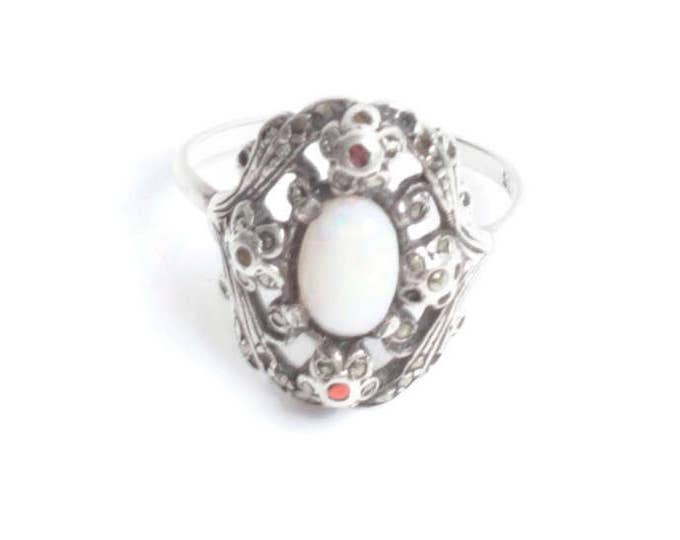 Vintage Opal Ring Garnets Marcasites Fancy Setting 935 Silver