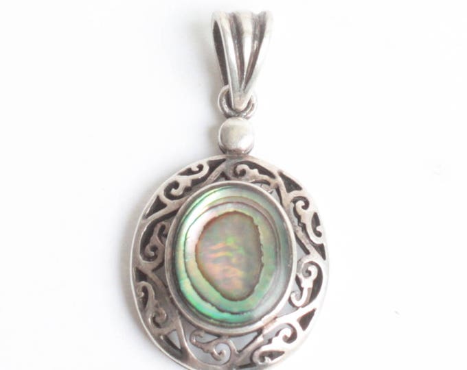 Abalone Shell Sterling Pendant Filigree Setting Oval Vintage