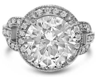 8mm round cut MOISSANITE & diamonds ANTIQUE style engagement ring 14K white gold