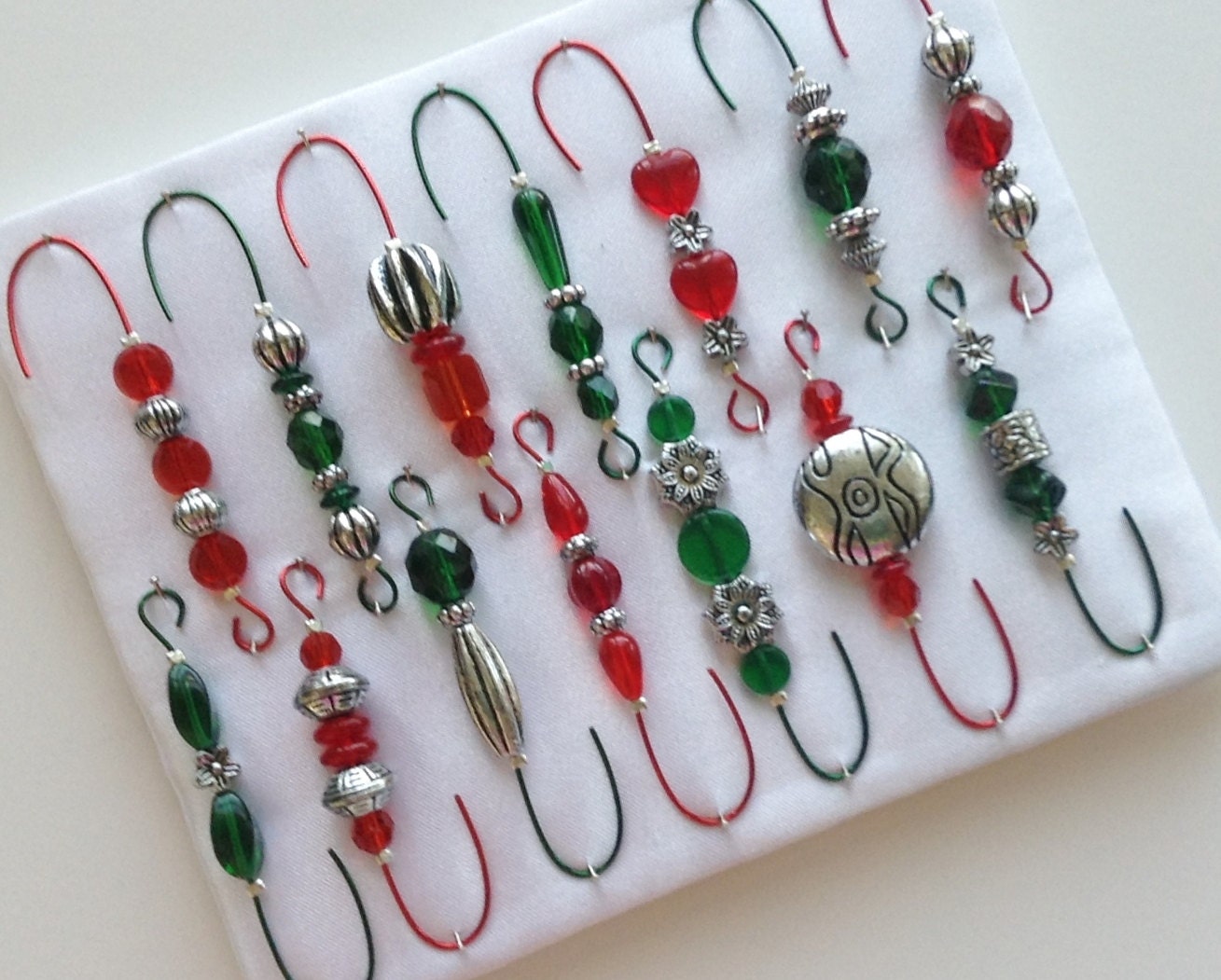 Beaded Ornament Hangers Antique Silver with Red and Green