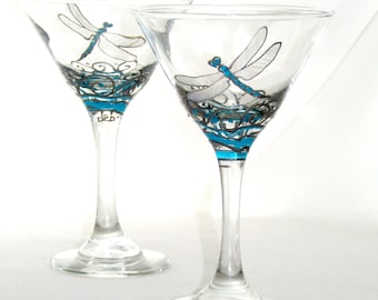 Dragonfly Martini Glasses Hand Painted Dragonfly Glassware Southwestern Art Decor~ Pair