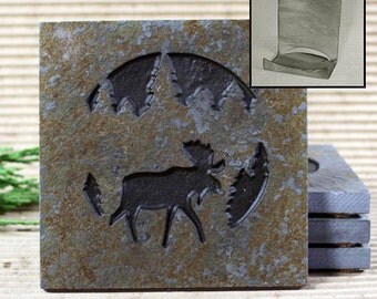 Etched Natural Stone Coaster Set with Holder - Moose in Pine trees on Copper Slate