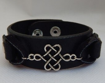 Black Leather Celtic Knot Cuff Bracelet Handmade Accessories New Adjustable Silver