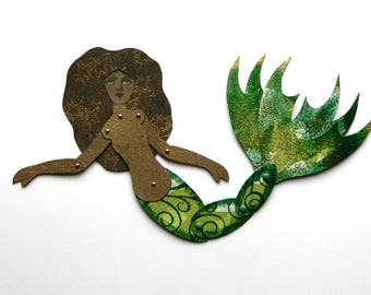Mermaid Paper Art Doll, Black Mermaid, Melanated Mermaid, Art Doll, Green Mermaid Doll, Mermaid, Articulated Paper Doll, Jointed mermaid