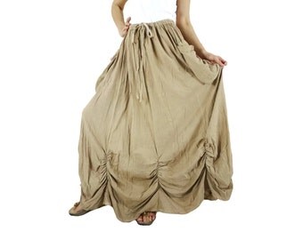 PLUS SIZE SKIRT...Bring Me To The Moon - Steampunk Maxi Flare Beige Cotton Skirt With Ruching Detail Around Bottom Hem