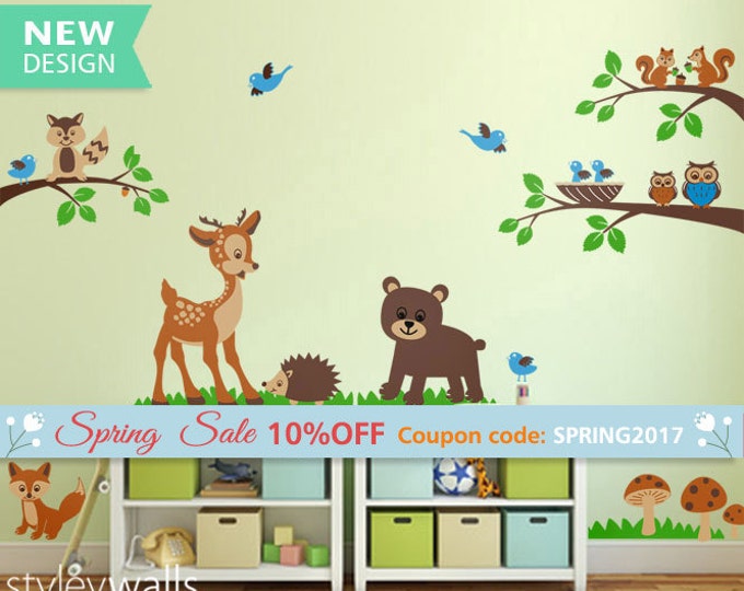 Forest Animals Wall decal Tops Woodland Critters Children Wall Art Decal Tree Nursery Baby Playroom Kids Vinyl Wall Decal Wall Sticker