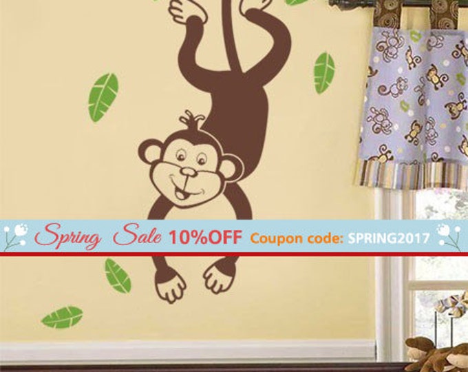 Monkey and Branch Wall Decal, Monkey with Branch Wall Sticker, Jungle Wall Decal Sticker, Monkey and Tree Wall Decal for Kids Room Nursery