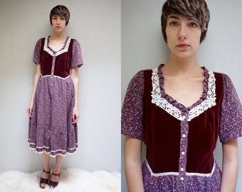 Calico Velvet Dress // Dirndl Dress // Gunne Sax Style Dress // PRAIRIE VELVET