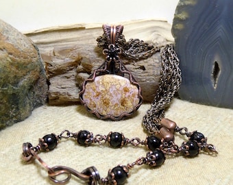 Wire Wrapped Antique Copper Stone Necklace Calico Lace Agate