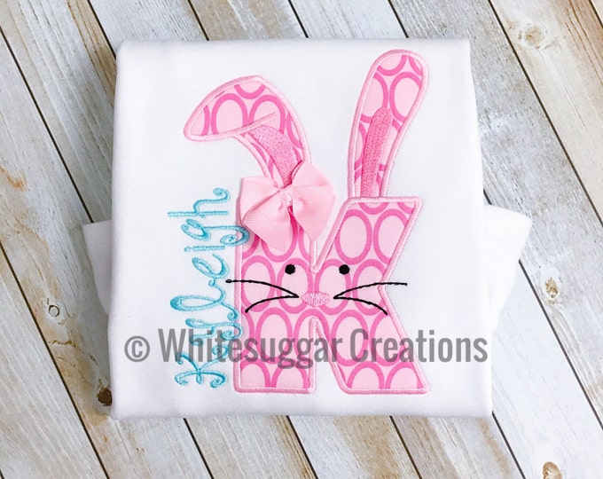 Easter Girly Bunny Alpha Appliqued Shirt - Custom Initial with Bunny Personalized shirt - Toddler Girls Easter Shirt
