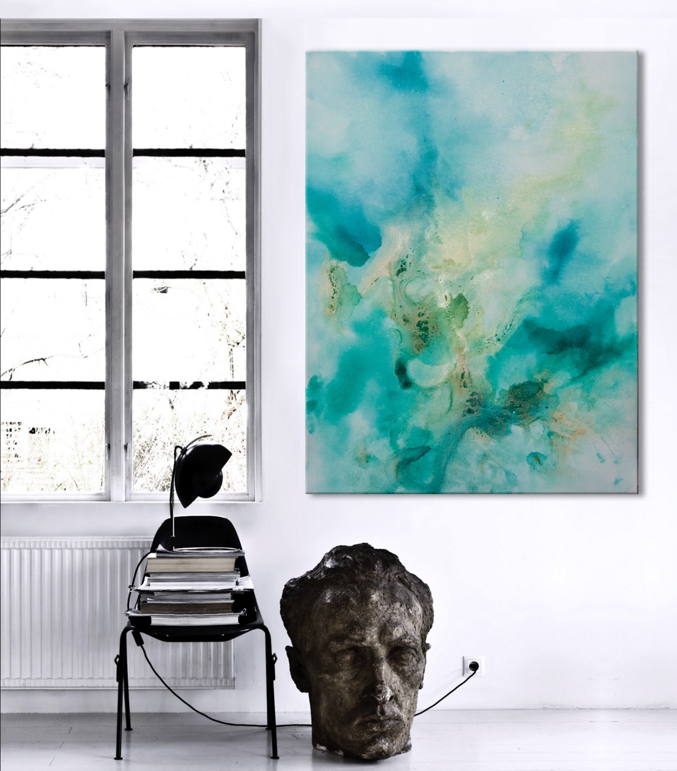 Abstract Print Painting black blue turquoise by ElenasArtStudio