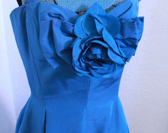 Vintage 1950s Blue Tafetta Suzy Perette Party Dress Gown Prom