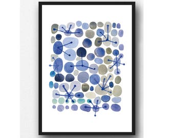 watercolor print blue gray, abstract Watercolor painting, abstract art connections, constellation