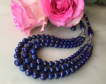 Blue Lapis Lazuli statement necklace earrings set, cascade, natural gemstones, navy blue, multi-strand, large, bold, gift idea for mom