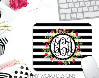Monogram Mouse Pad-Monogram Mouse Pad-Personalized Mouse Pad-Desk Accessories-Flowers-Stripes-Desk-Monograms