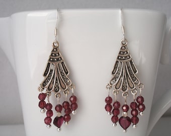 Garnet chandelier earrings, sterling chandelier earrings with garnet beads, January birthstone