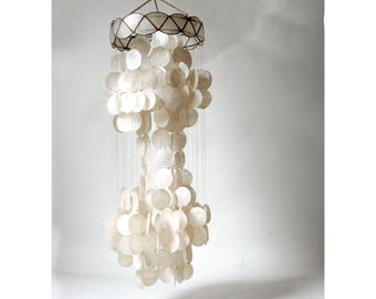Vintage 1960s Capiz Shell Hanging Pendant ... MCM Tiki Beach Decor, Mother of Pearl Groovy Hollywood Glam Ceiling Fixture, Bohemian Boho