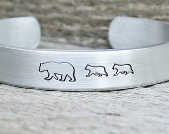 Cuff Mama Bear Bracelet Baby Bear Cub Hand Stamped Jewelry Aluminum Gift For Mom Grandma Grandmother New Mother Birthday New Mom Mothers Day