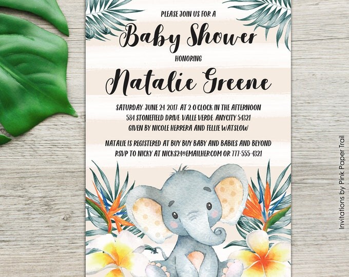 Elephant Baby Shower Gender Neutral Invitation Boy or Girl Baby Shower Tropical Jungle Safari Printable Invitation