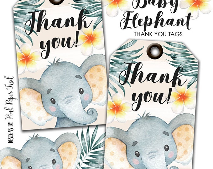 Cute Baby Elephant Printable Party Favor Thank You Tags, Instant Download Gender Neutral Party Tags