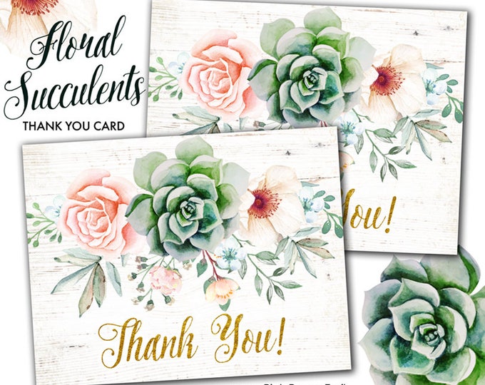Floral Succulent Boho Chic Folded Type Printable Thank You Card, Succulent Protea Anemone Rustic Party Printables